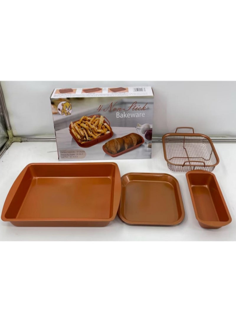 DubaiGallery 4PCS Multi-Function Nonstick Baking Pans Set with Copper Coated Interior, Includes Deep Oven Tray, Square Mold, Loaf Pan and Steel Fry Basket, Strong and Warp Resistant - Image 3
